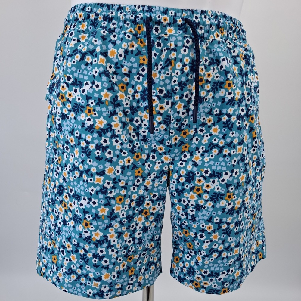 Birddogs Gym Shorts Men Medium Teal Floral Liner Drawstring Zipper Pockets 7in